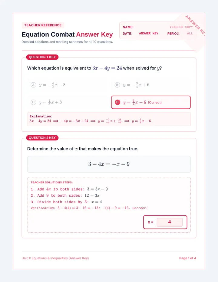 Equation Combat Answer Key