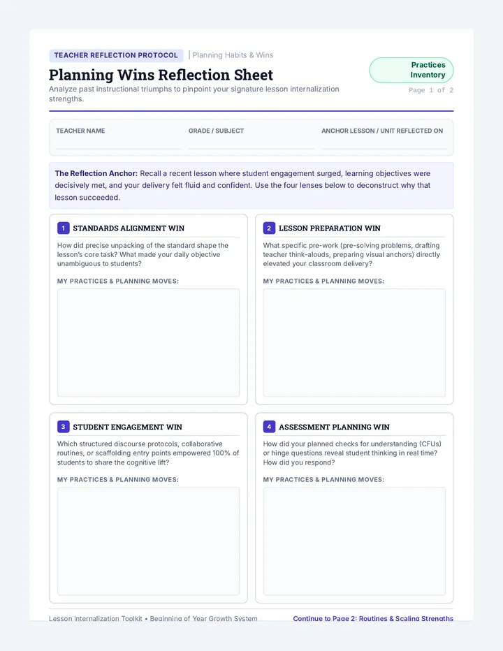 Planning Wins Reflection Sheet