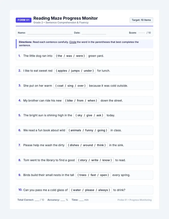 Sentence Maze Probes Worksheet