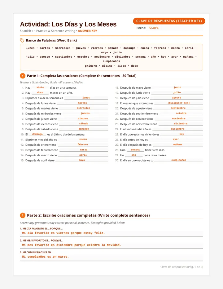Dias y Meses Worksheet Answer Key