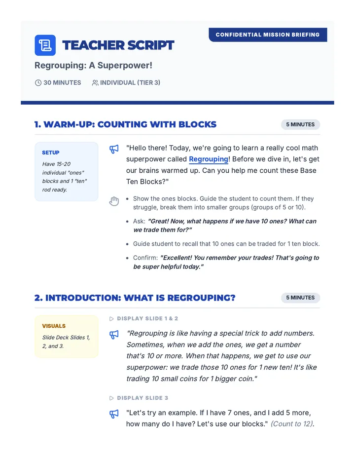 Regrouping Superpower Teacher Script
