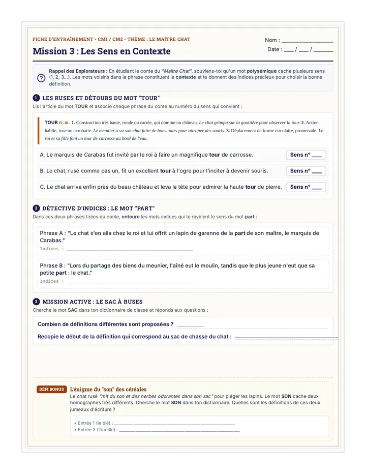 Les Sens en Contexte Fiche d Exercices