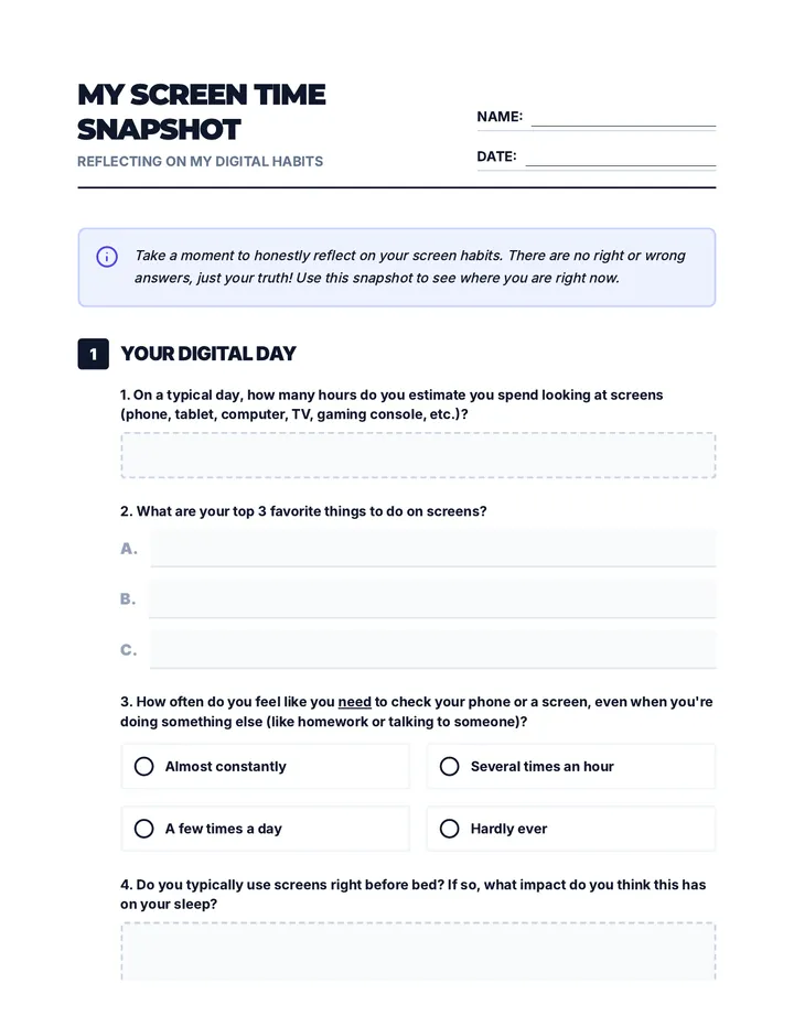 My Screen Time Snapshot Worksheet