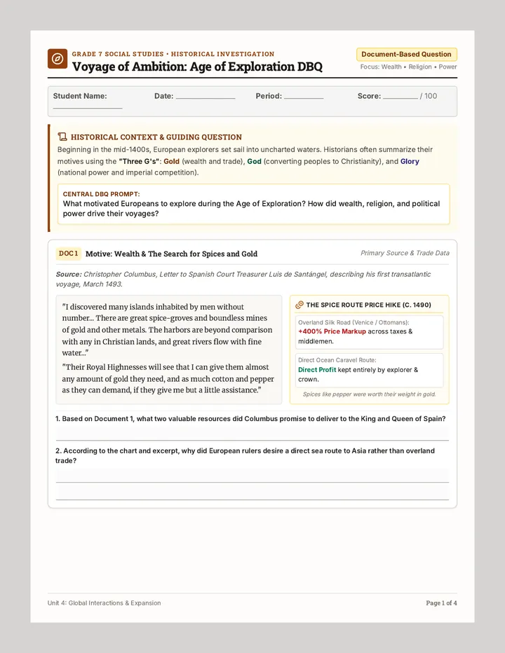Exploration Motives DBQ Packet