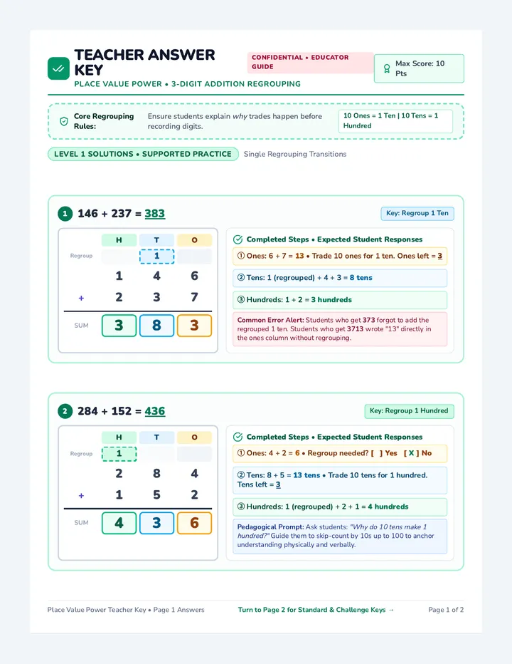 Place Value Regrouping Answer Key