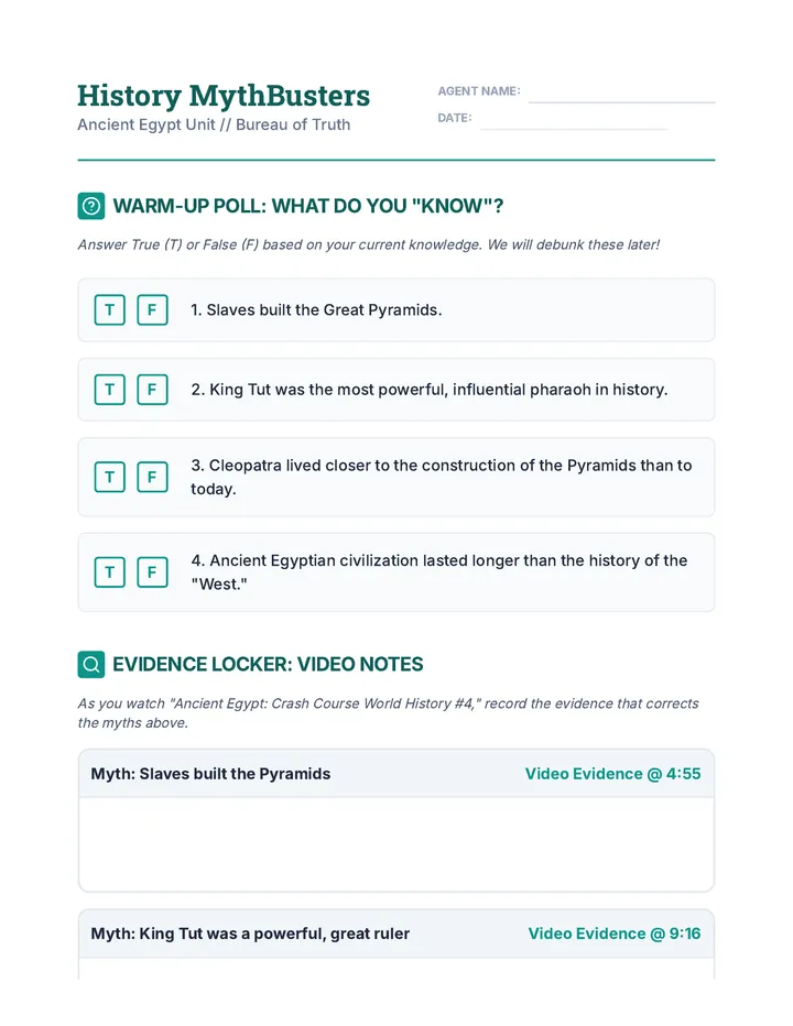 History MythBusters Worksheet