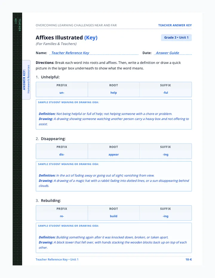 Affixes Illustrated Answer Key
