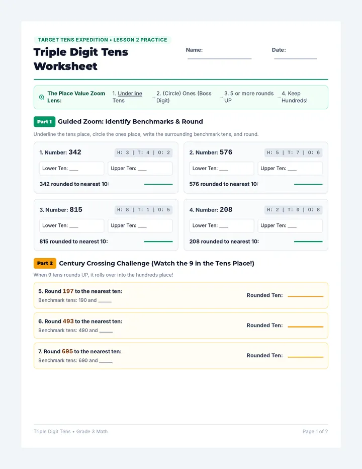 Triple Digit Tens Worksheet