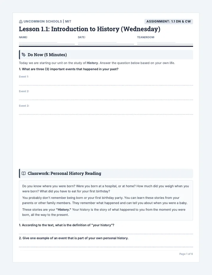 History Basics Student Packet Tier A