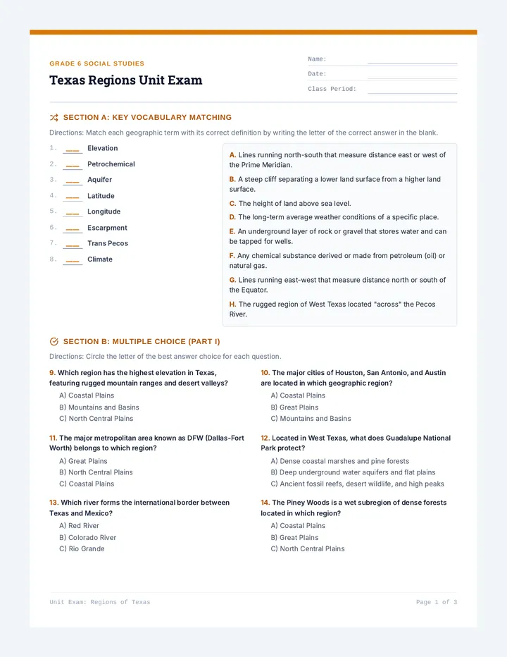 Texas Regions Standard Test