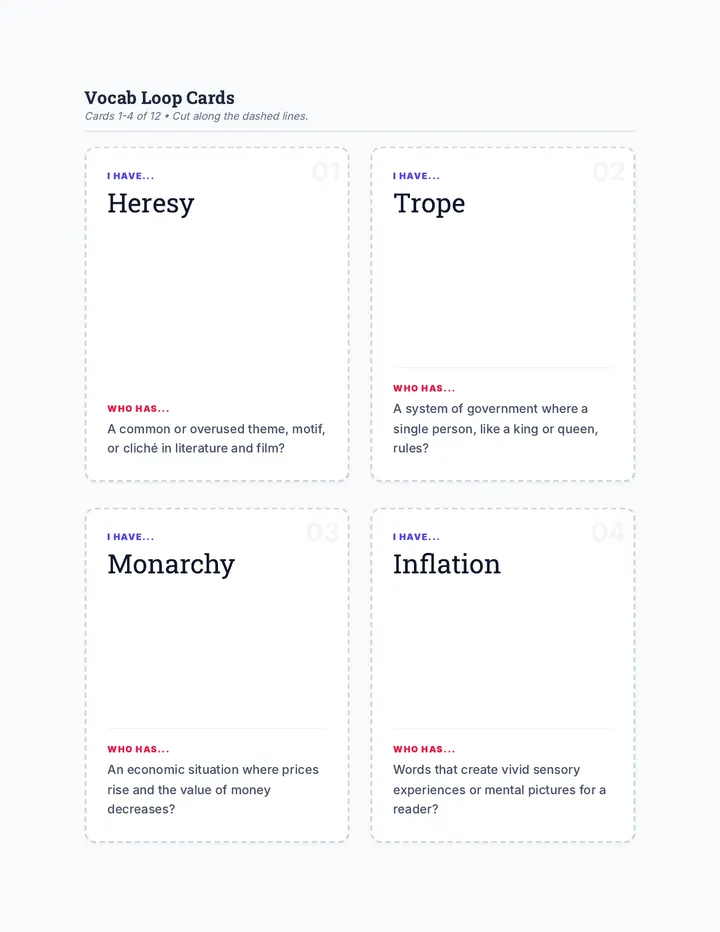 Vocab Loop Cards Print Ready