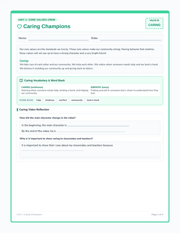Caring Champions Worksheet