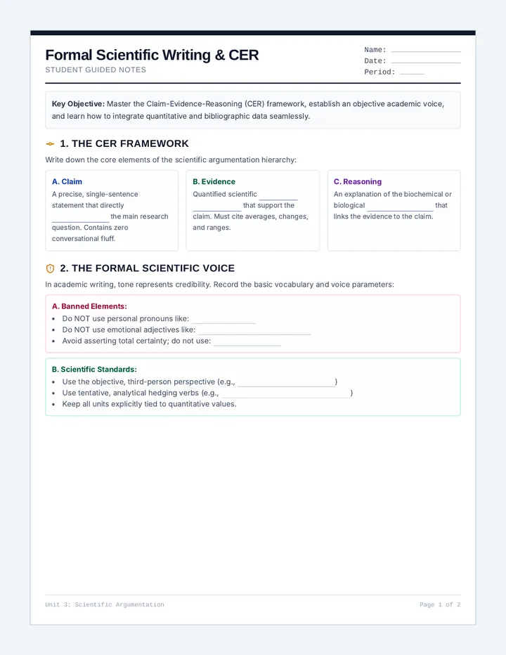 Formal Scientific Writing and CER Guided Notes