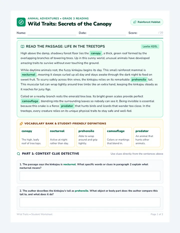 Wild Traits Reading Worksheet