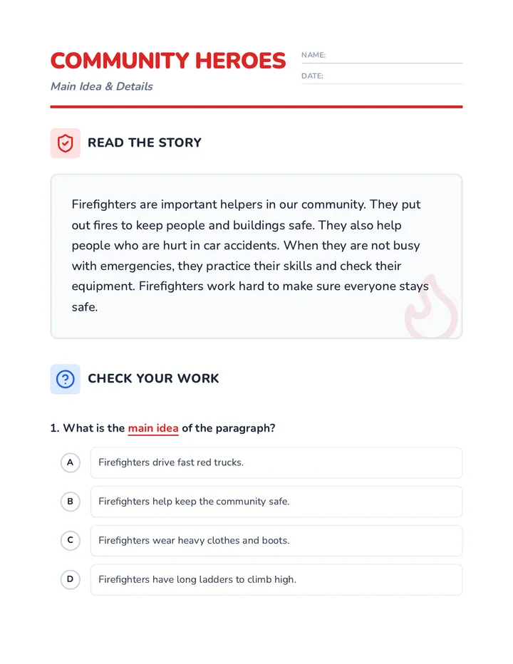 Hero Main Idea Worksheet