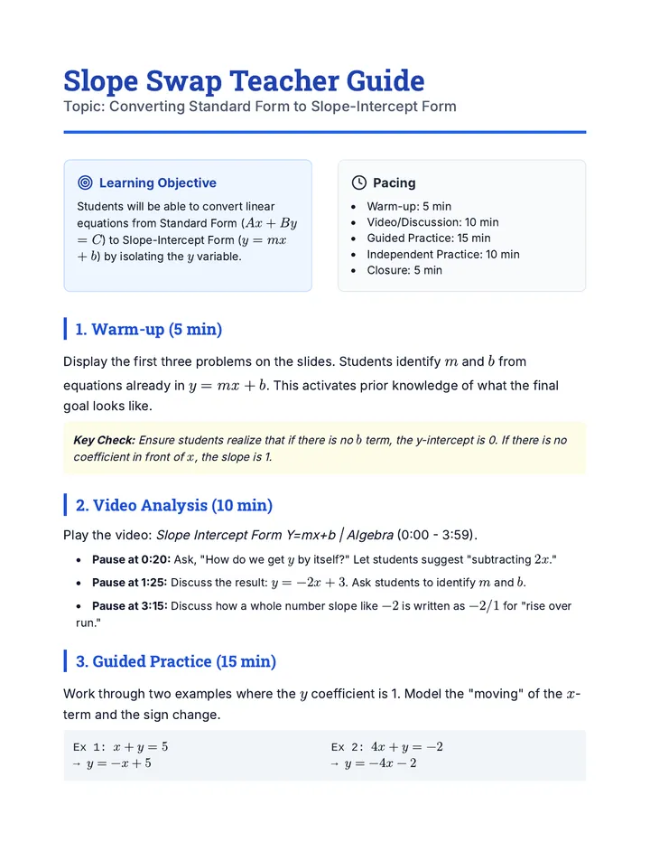 Slope Swap Teacher Guide