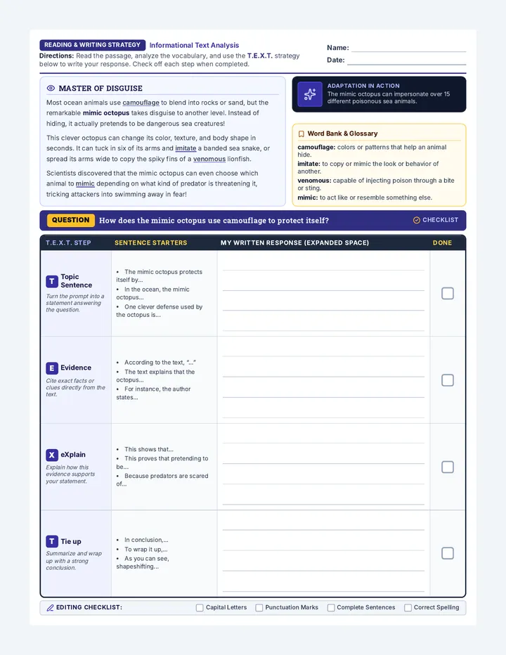 Mimic Octopus TEXT Worksheet