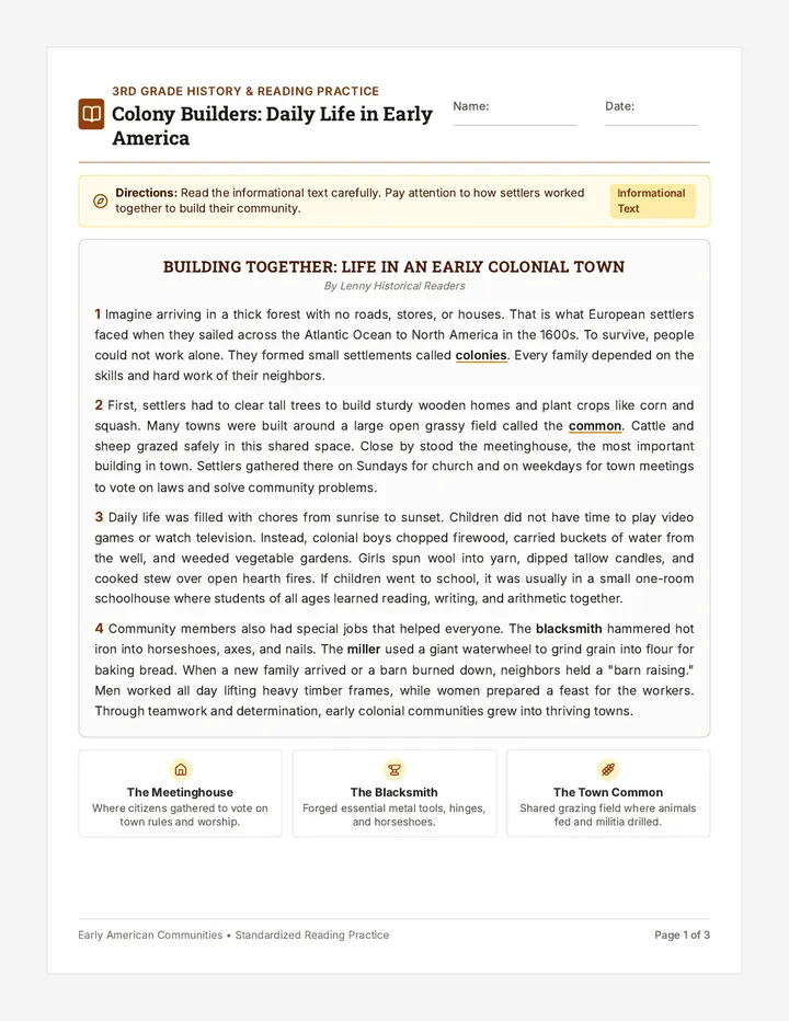 Colony Builders Reading Worksheet