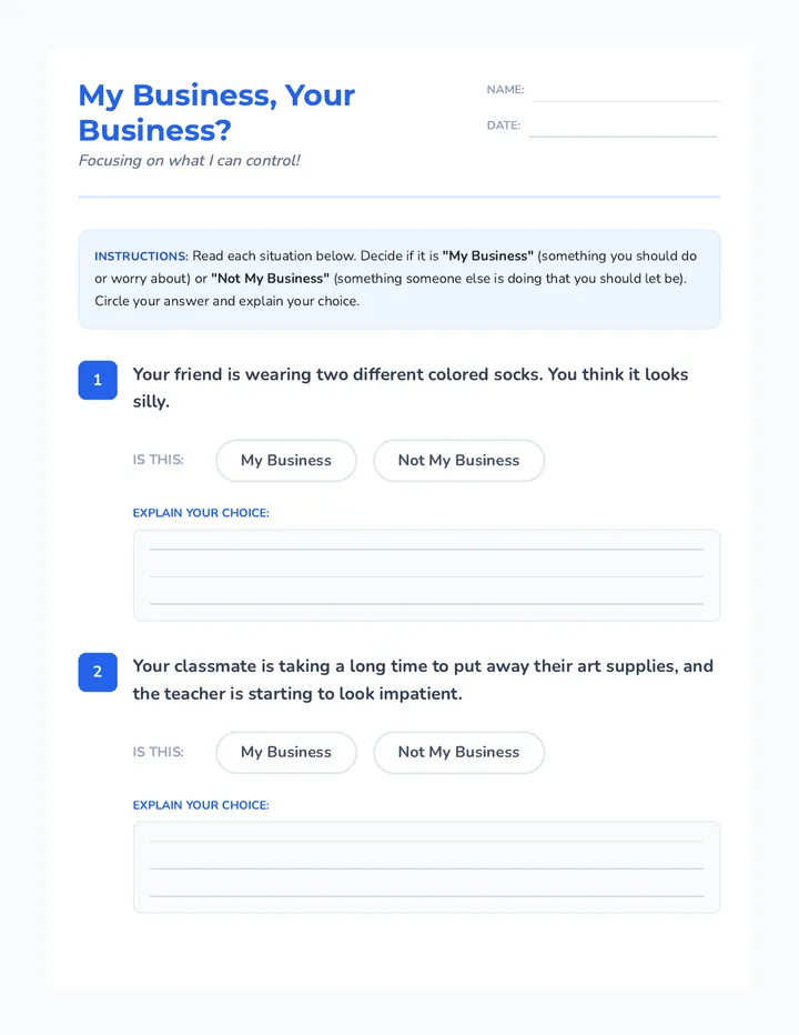 My Business Your Business Worksheet