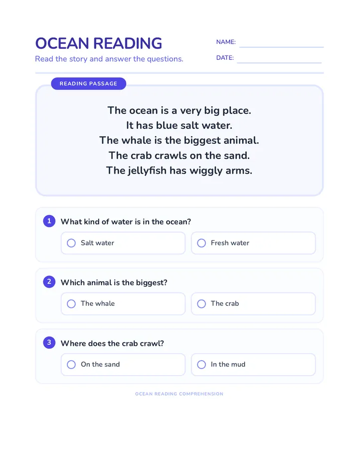 Ocean Reading Worksheet