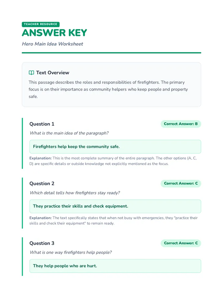 Hero Main Idea Answer Key