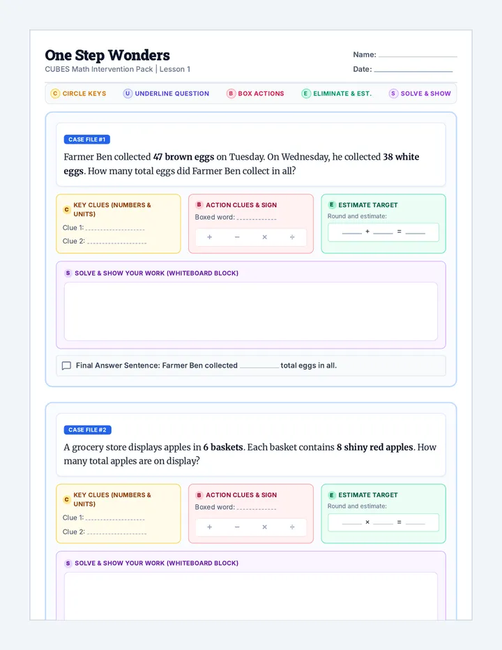 One Step Wonders Worksheet