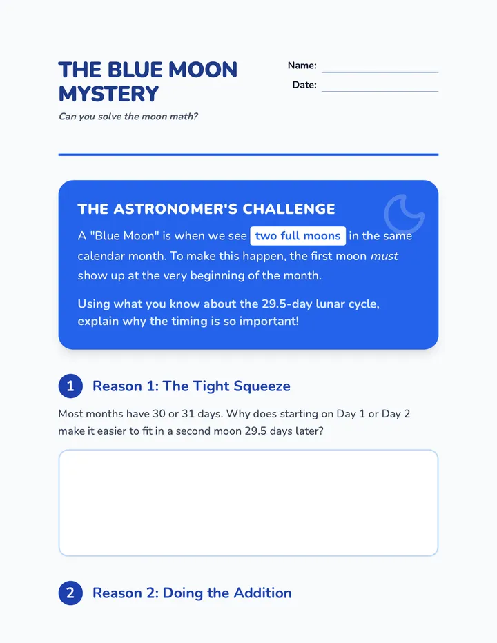 Blue Moon Investigation Worksheet 4th Grade