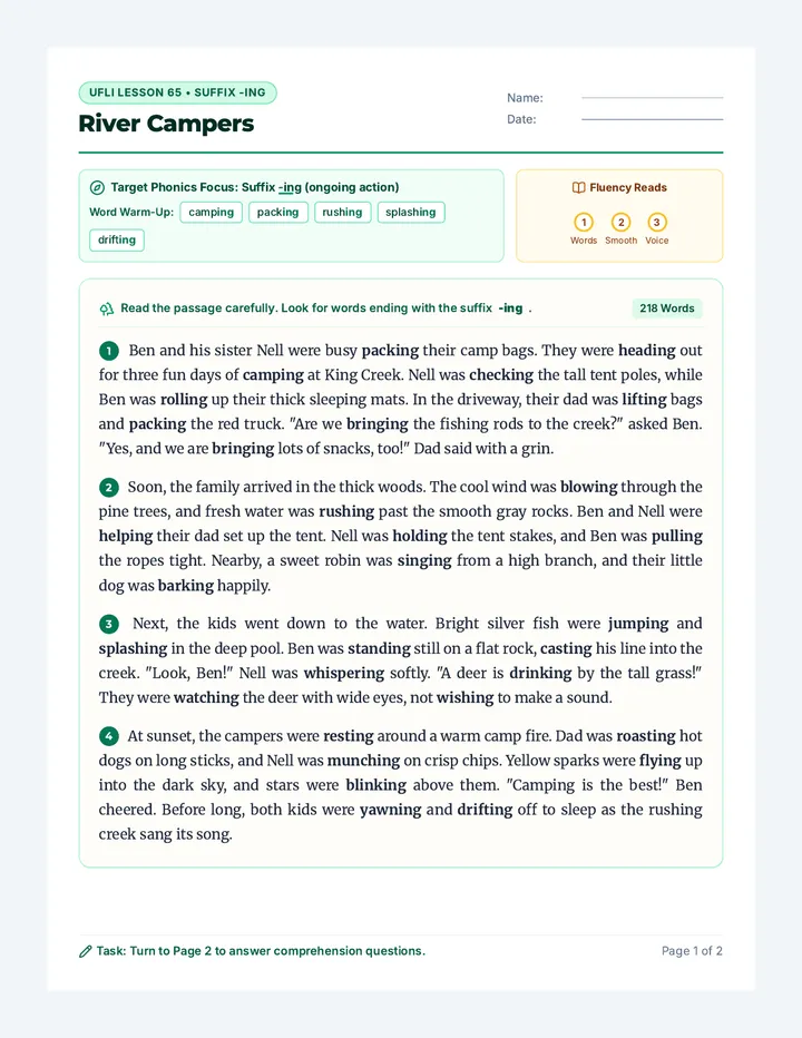 River Campers Reading Passage
