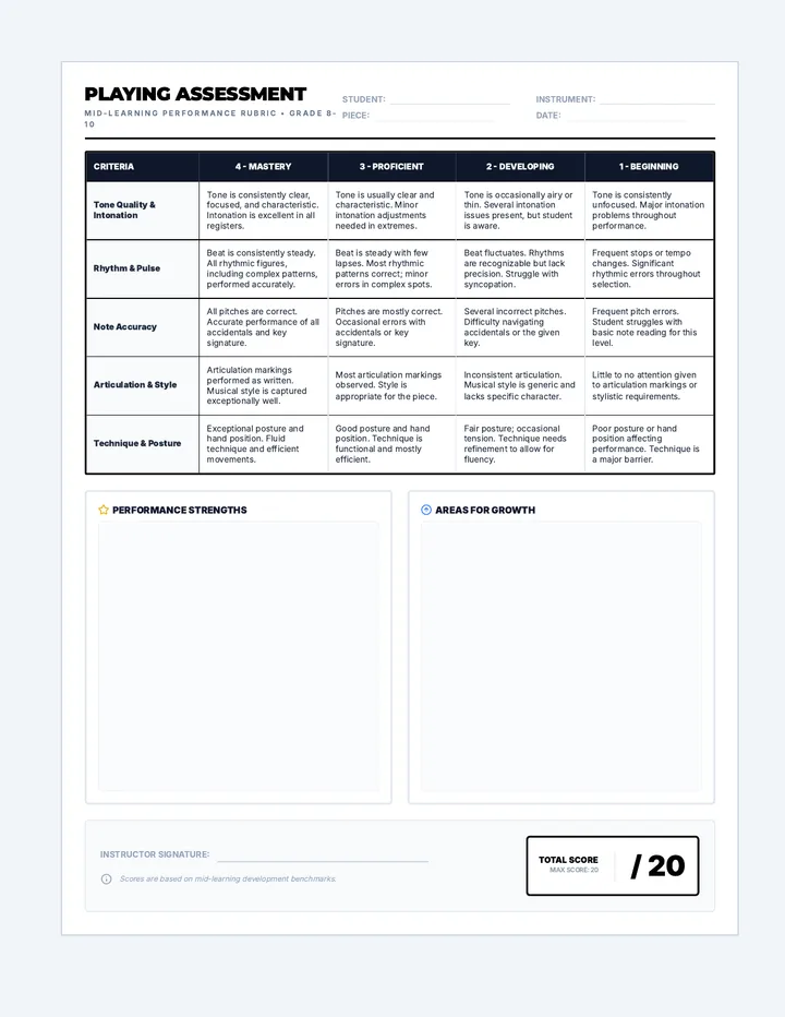 Mid Learning Playing Rubric