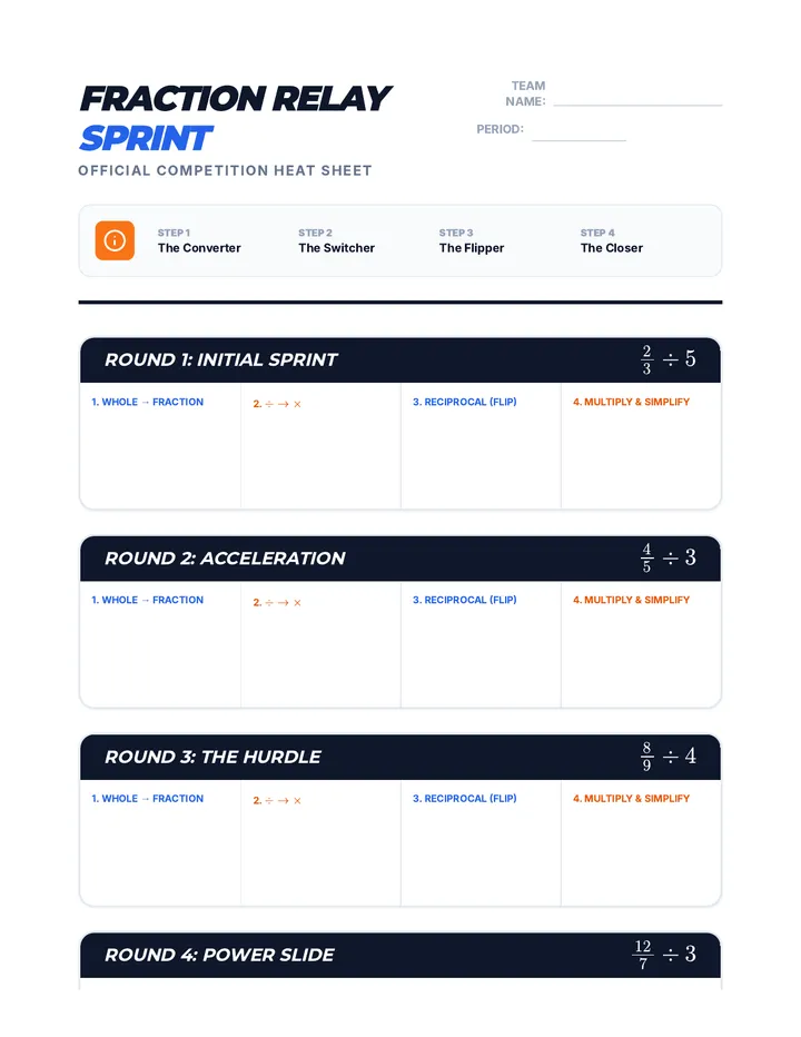 Fraction Relay Sprint Sheet