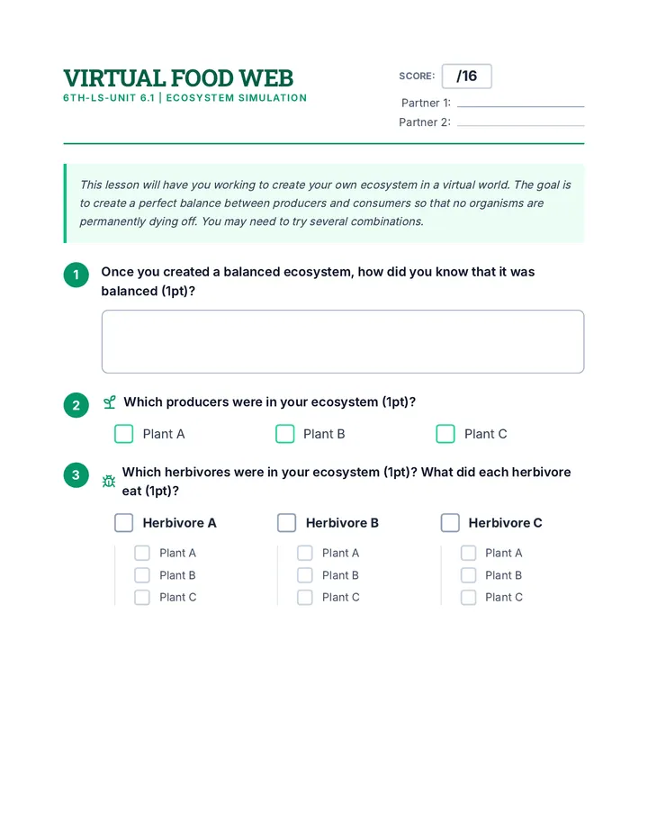 Virtual Food Web Worksheet