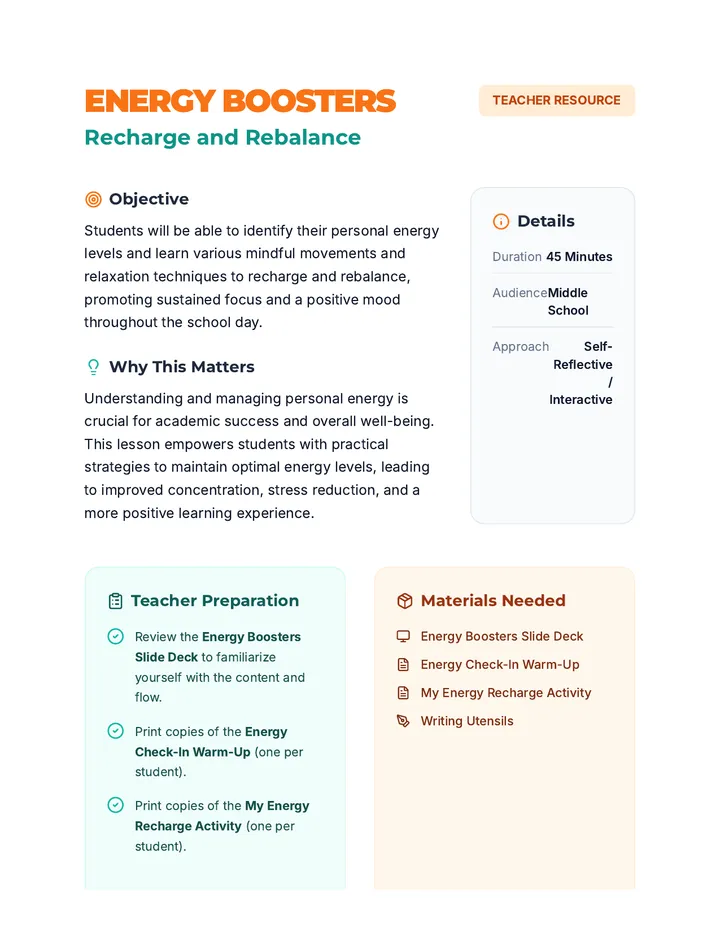 Energy Boosters Lesson Plan