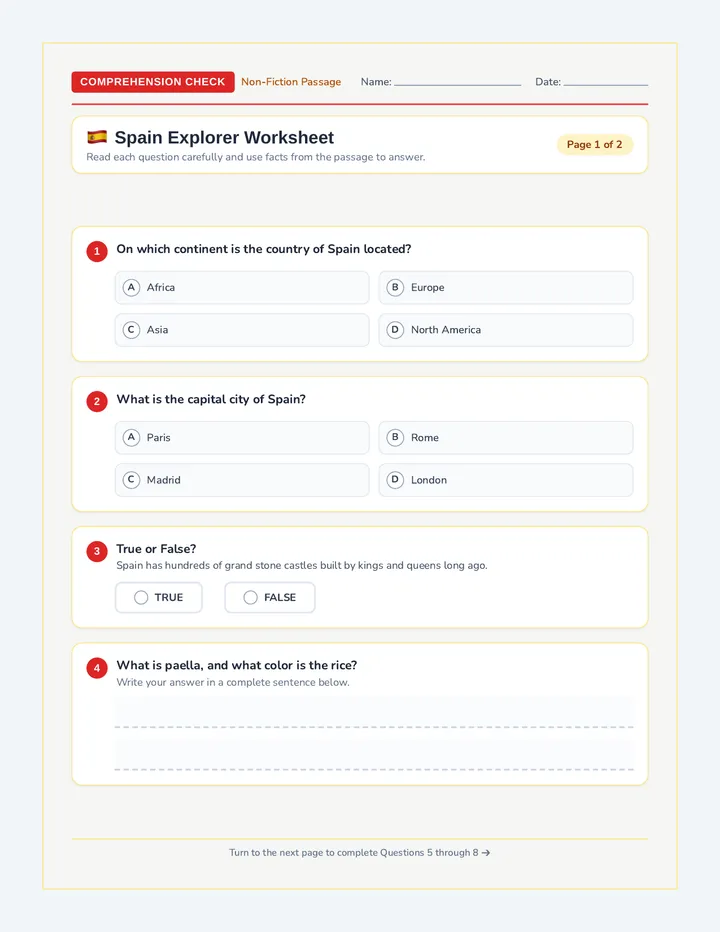 Spain Explorer Worksheet