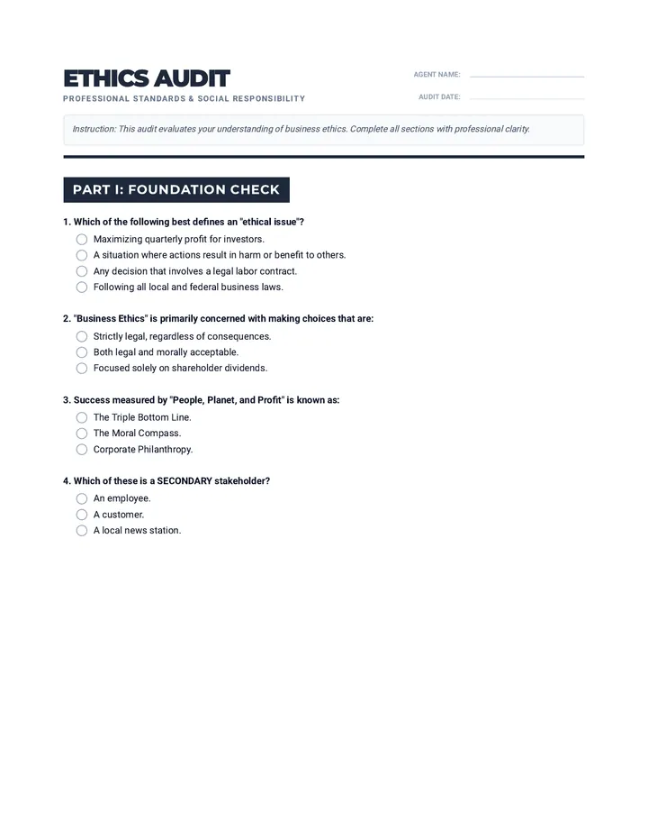 Ethics Audit Exam Worksheet