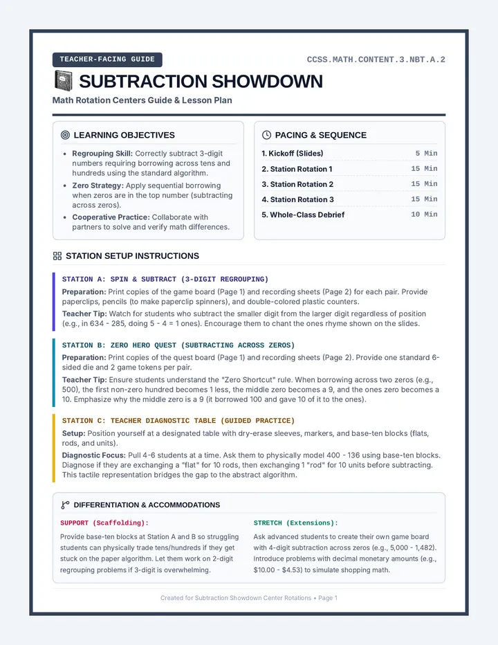 Subtraction Centers Teacher Guide