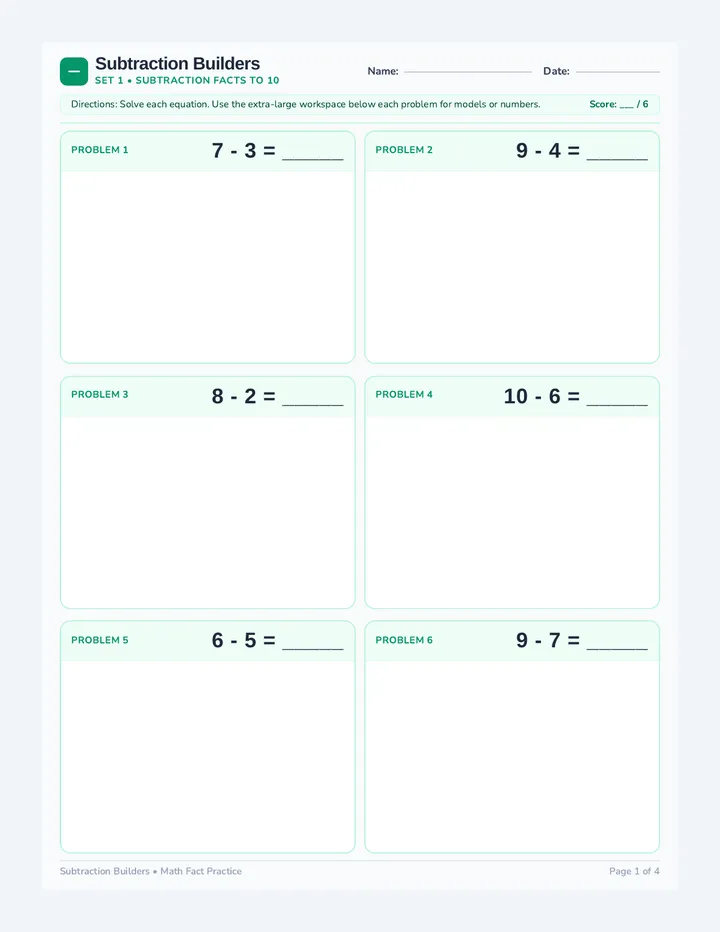 Subtraction Builders Worksheet