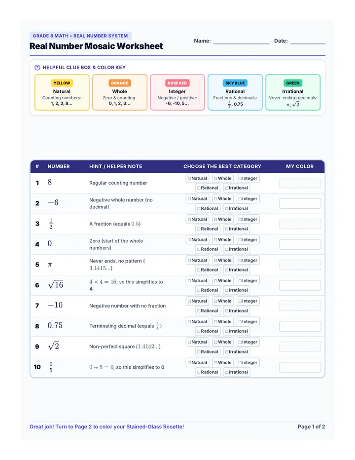 Real Number Mosaic Worksheet