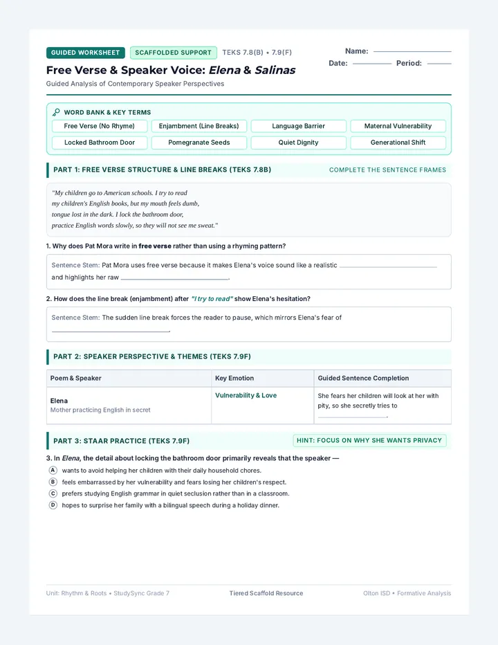 Free Verse Guided Worksheet