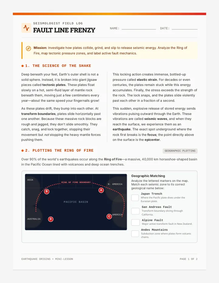 Fault Line Frenzy Worksheet