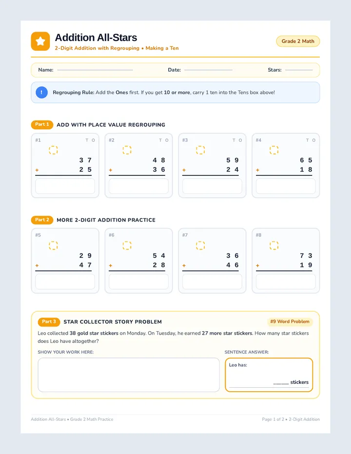 Addition All Stars Worksheet