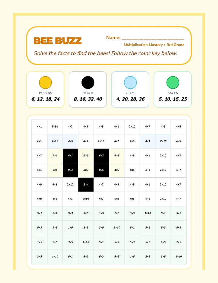 Bee Buzz Multiplication Color by Number master