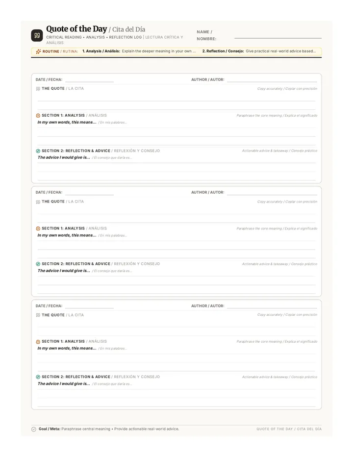 Quote Analysis Log Worksheet