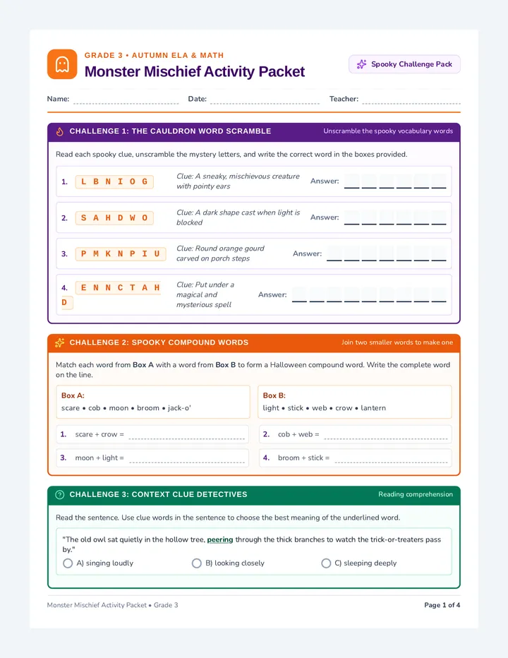 Monster Mischief Activity Packet
