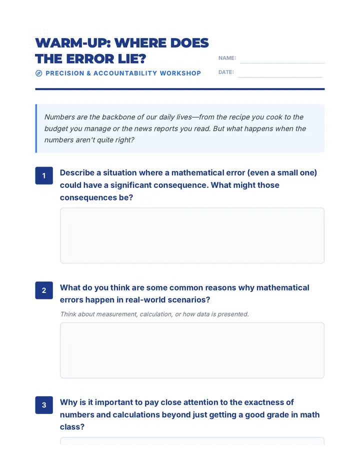 Error Lie Warm Up Worksheet