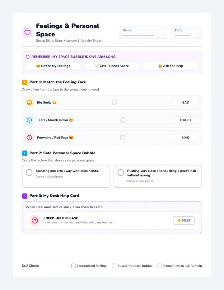 Feelings and Space Worksheet