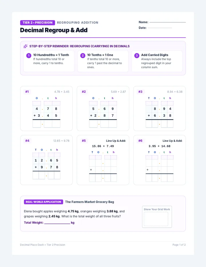 Decimal Regrouping Tier Two Worksheet