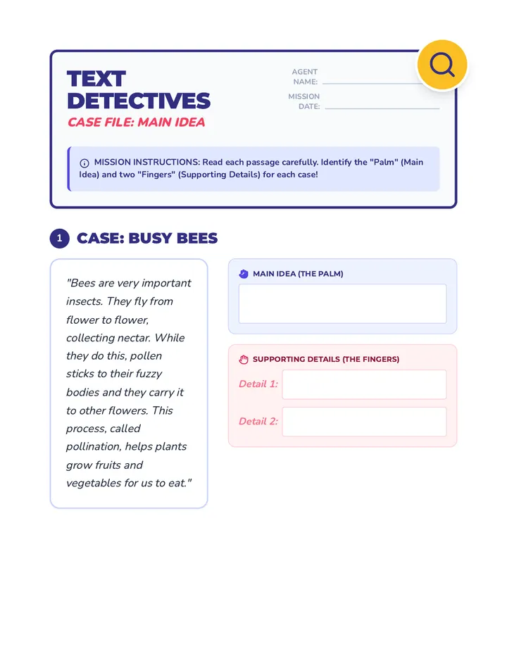 Main Idea Worksheet: Text Detectives