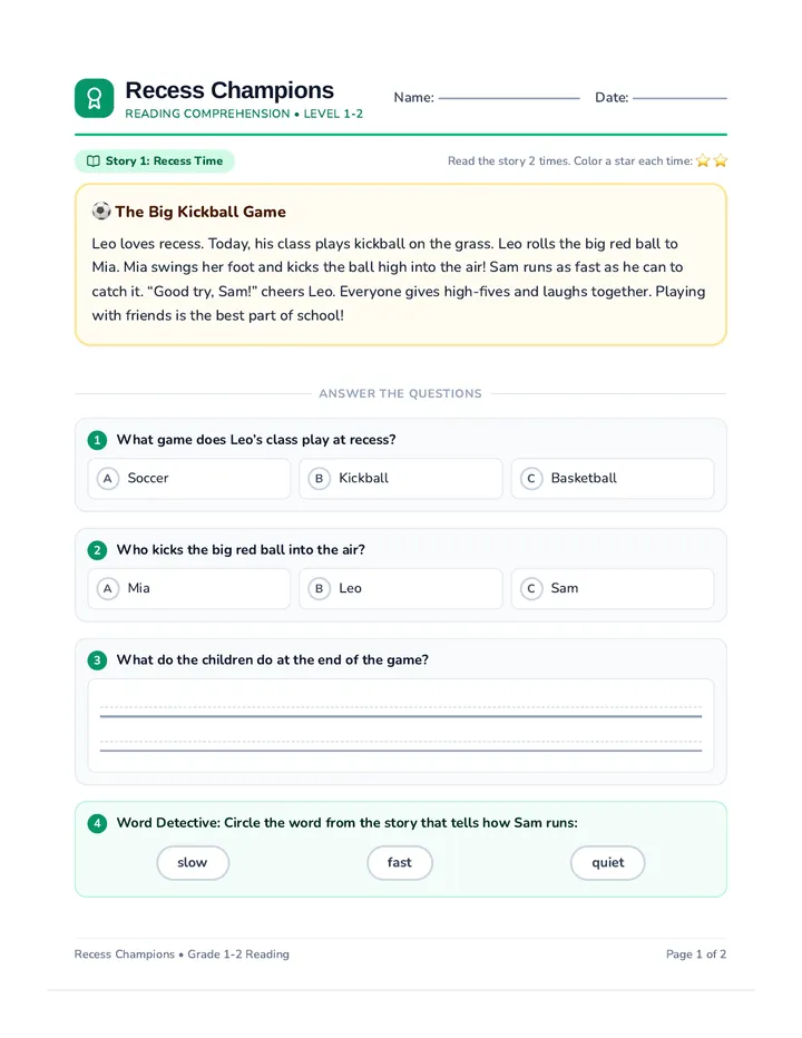 Recess Champions Reading Worksheet