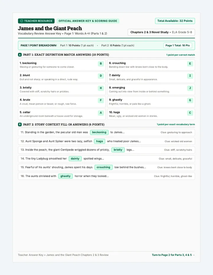 Giant Peach Review Answer Key