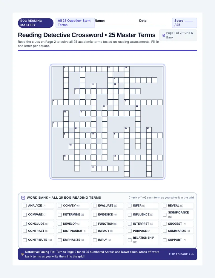 Reading Detective Crossword Worksheet